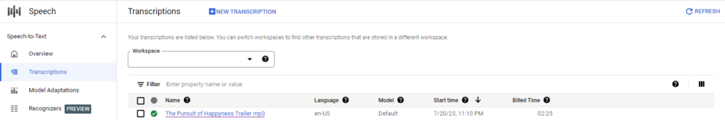 translate audio into text with Google Transcribe API, phase 10
