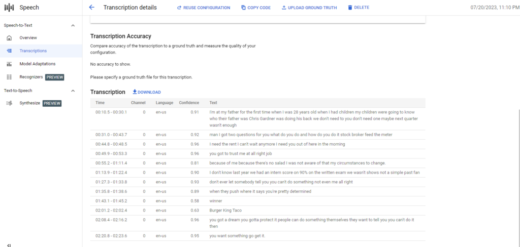 translate audio into text with Google Transcribe API, phase 12
