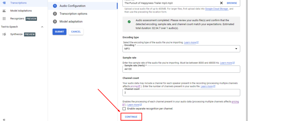 translate audio into text with Google Transcribe API, phase 6