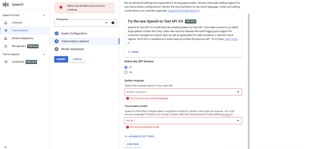 translate audio into text with Google Transcribe API, phase 7