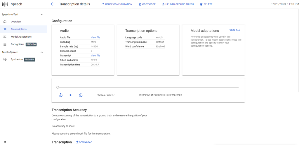 translate audio into text with Google Transcribe API, phase 11