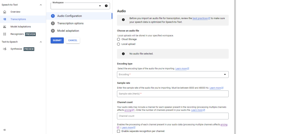 translate audio into text with Google Transcribe API, phase 4
