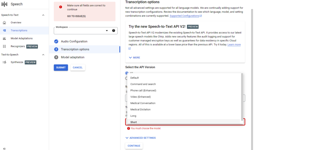 translate audio into text with Google Transcribe API, phase 8