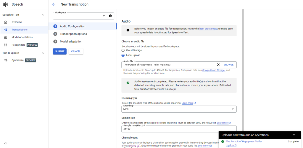 translate audio into text with Google Transcribe API, phase 5