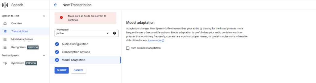 translate audio into text with Google Transcribe API, phase 9