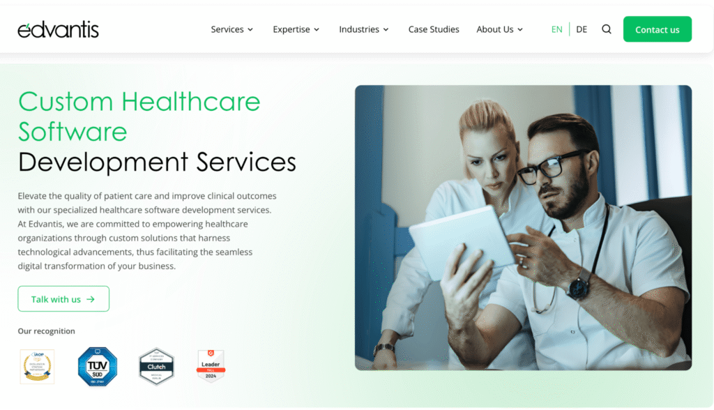 Edvantis is a software development firm for telehealth, main screen